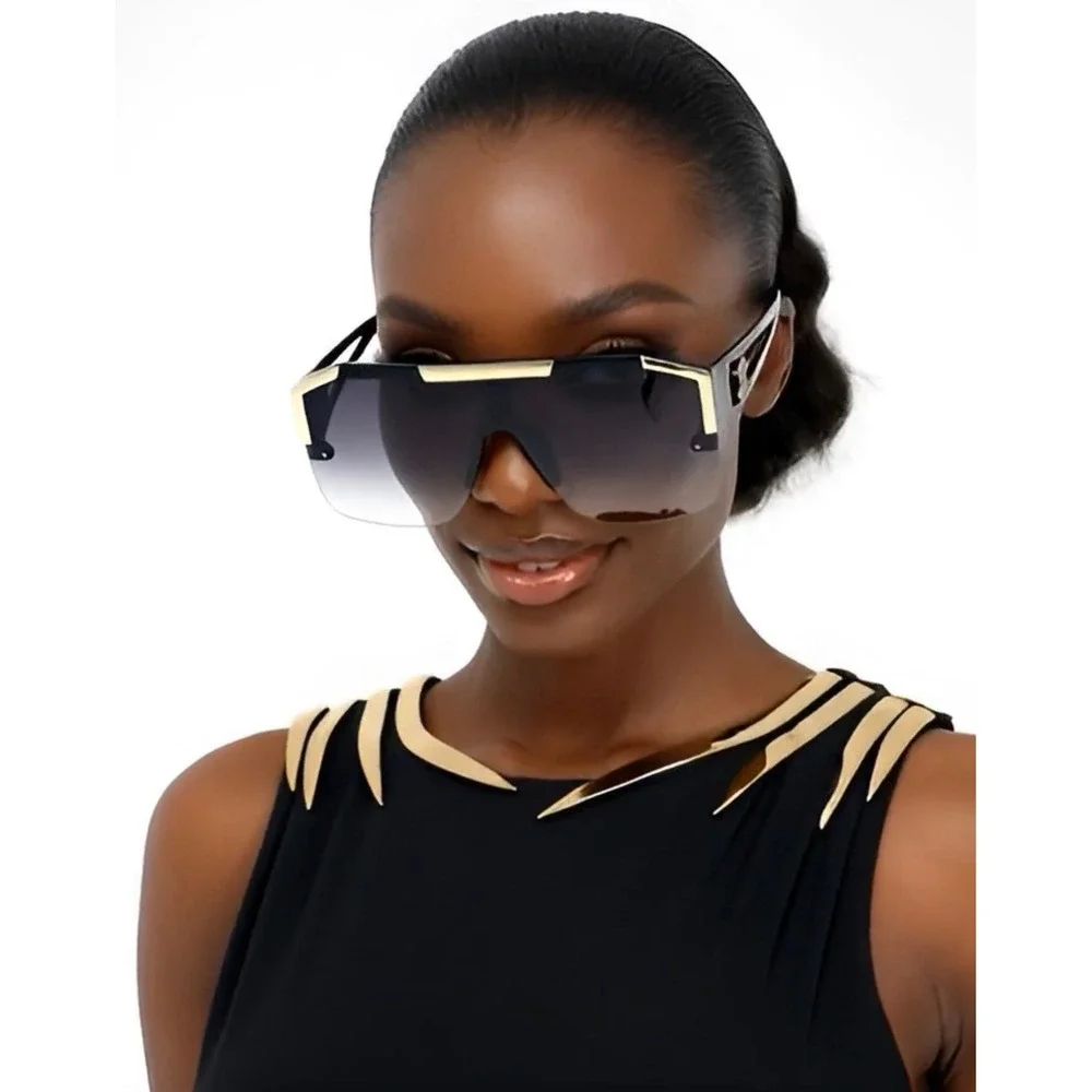 Black Gold Oversized Square Flat Top Shield Women Sunglasses Gradient Smoke Lens
